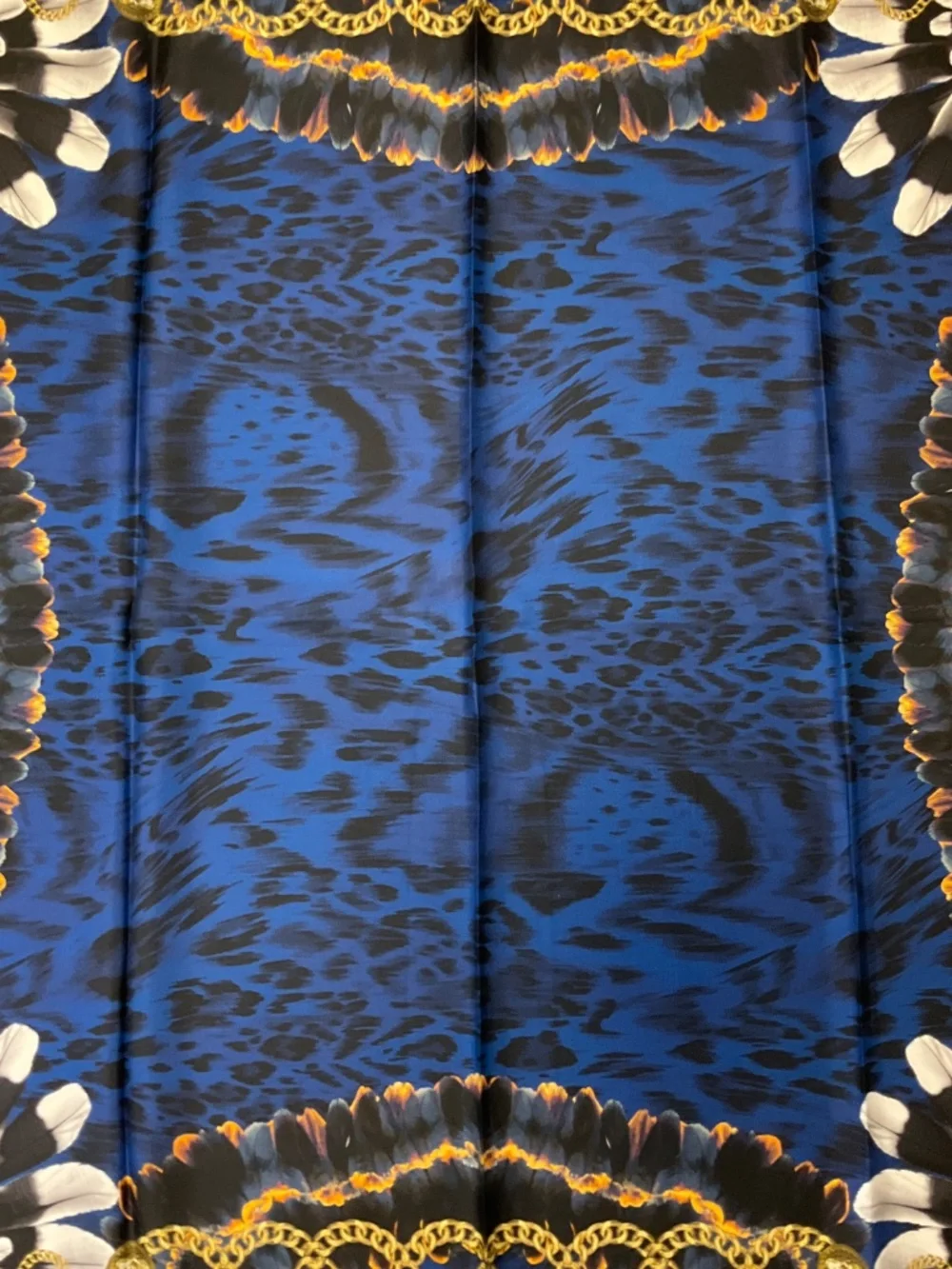 VERSACE BLUE / GOLD MULTI LEOPARD, FEATHER, AND MEDUSA MEDALLION CHAIN PRINT SQU